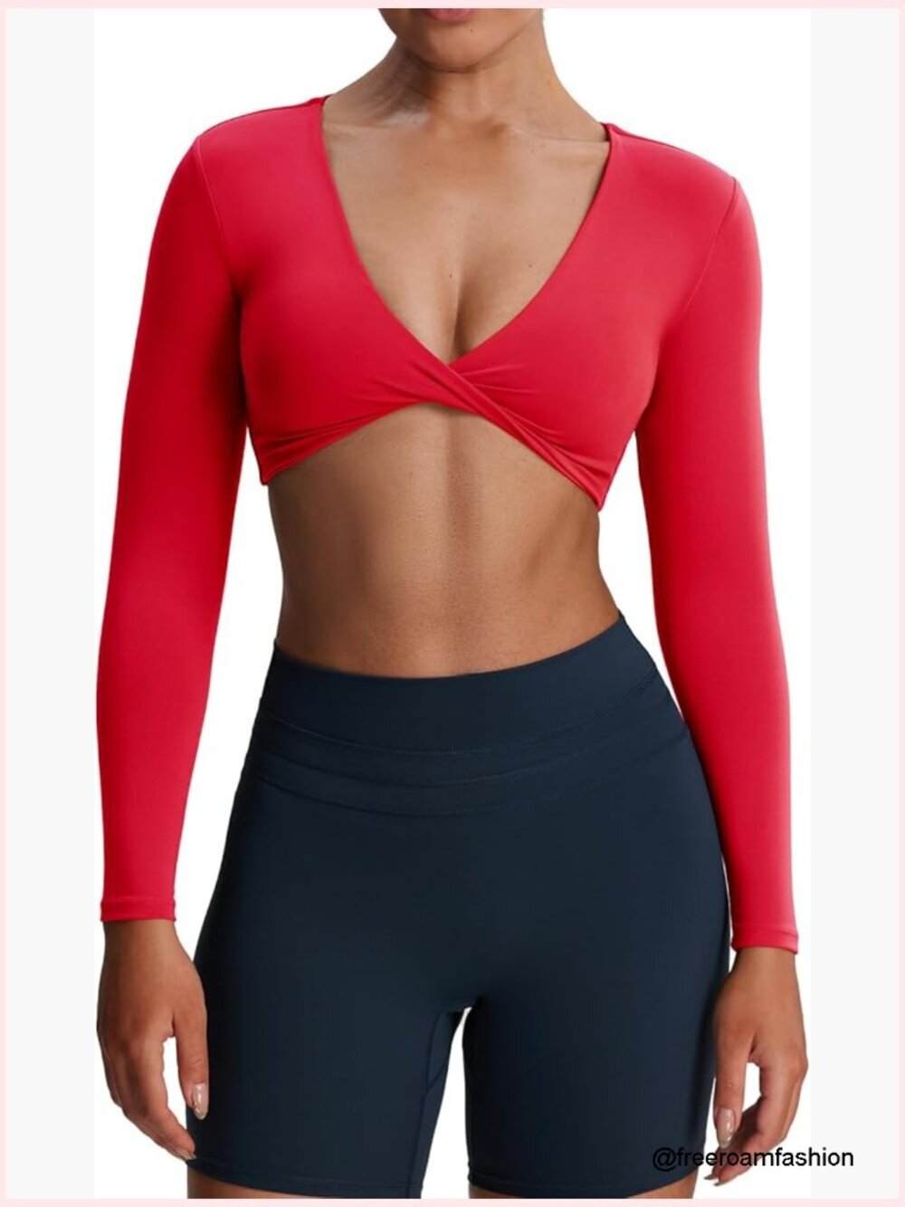 Long Sleeve Crop Top Deep V Twist Workout Tee Built-In Bra